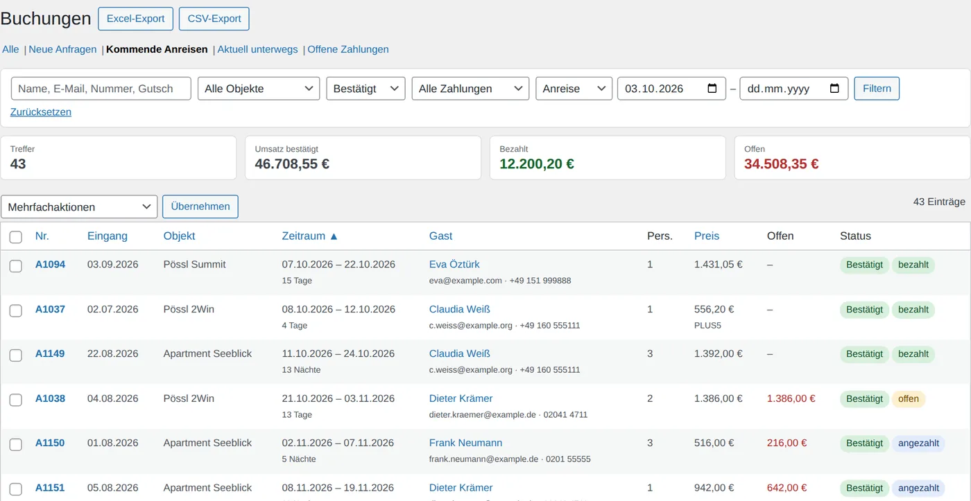 Buchungsliste mit Filtern, Summen und Export