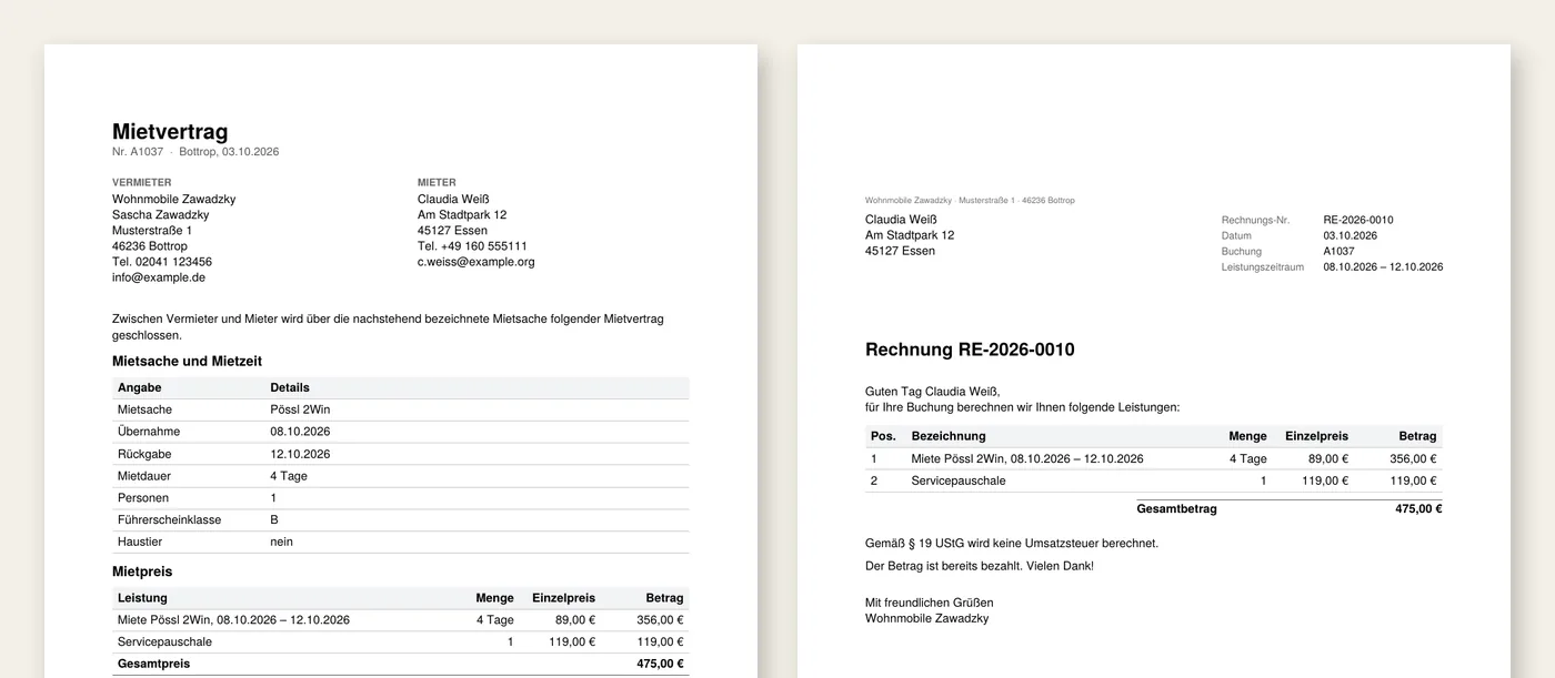 Mietvertrag und Rechnung als PDF