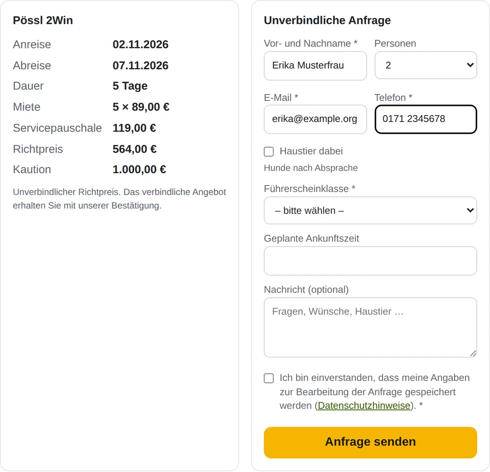 Zusammenfassung mit Richtpreis und Anfrageformular