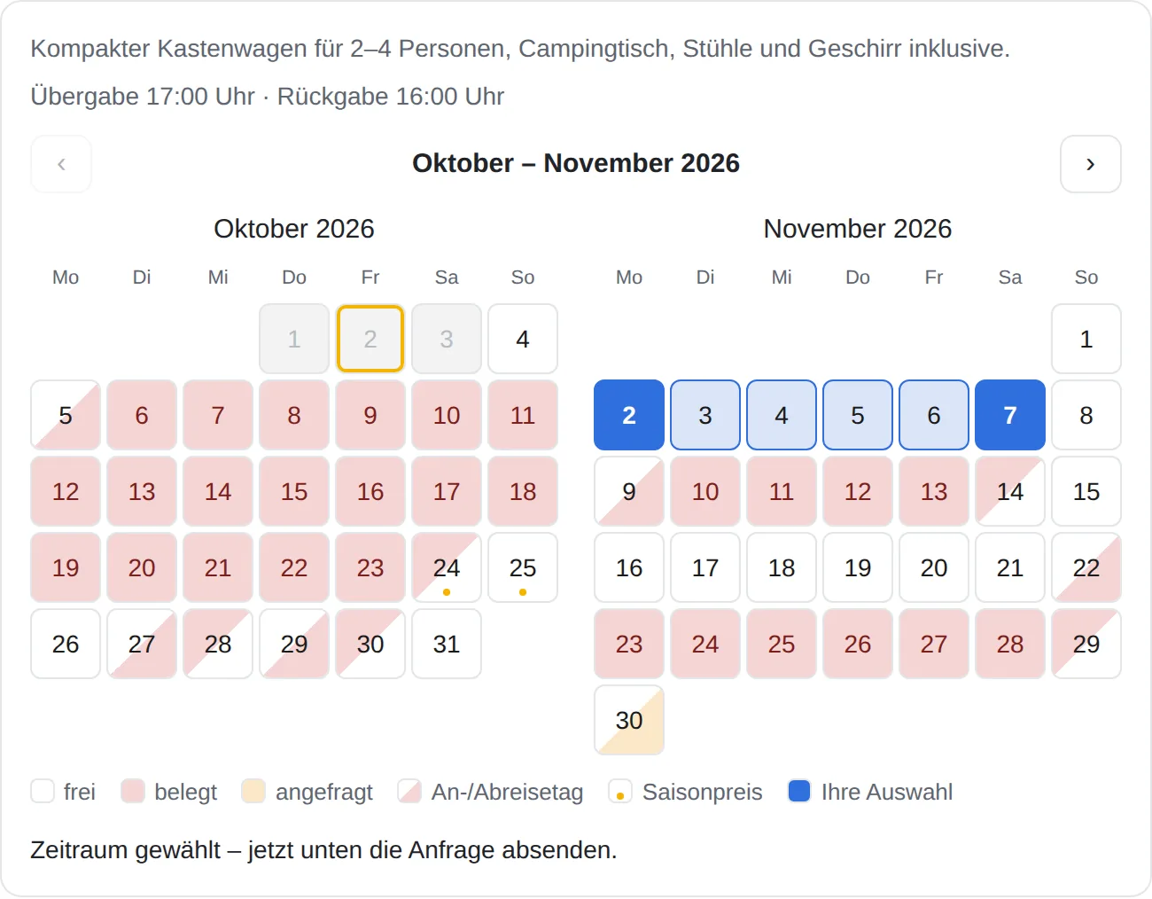 Belegungskalender mit freien und belegten Tagen, Wechseltagen und gewähltem Zeitraum
